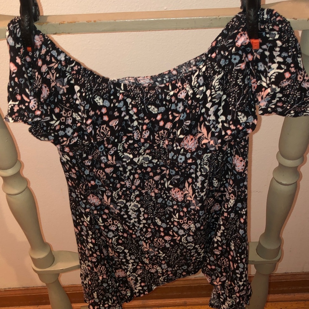 Beautees Black Floral Off-Shoulder Camisole with Pink and Light Blue Accents